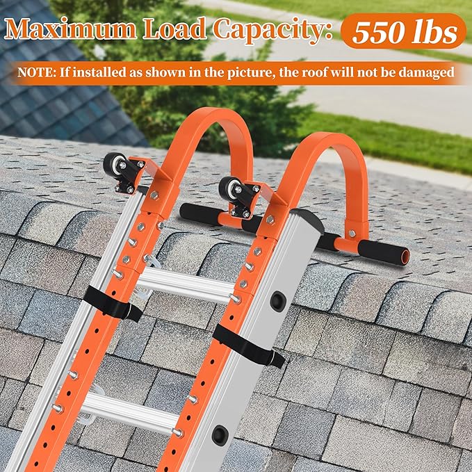 Ladder Roof Hook with Wheel Ladder Hooks for Roof Ridge, Ladder Roof Stabilizer Heavy Duty Steel, Rubber Grip T-Bar for Damage Prevention 9.4lb