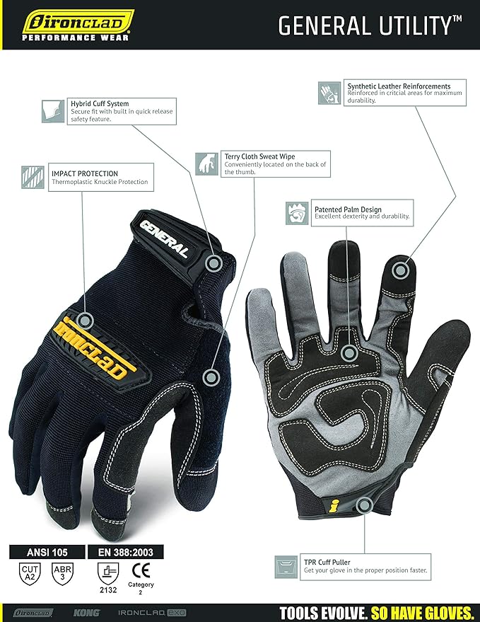 Ironclad General Utility Work Gloves GUG, All-Purpose, Performance Fit, Durable, Machine Washable (1 Pair) Black