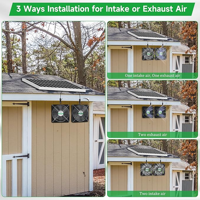5.5" Solar 2 Fan Kit for Intake or Exhaust air, Weatherproofed Solar Powered Fans for Outside Chicken Coops, Greenhouses, Shed, Pet House Air Ventilation