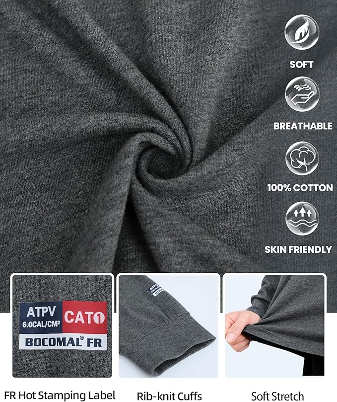 BOCOMAL FR Shirts for Summer Vented Mesh Loose Fit 4oz EX Lightweight Flame Resistant Base Layer CAT1 Crew Shirt