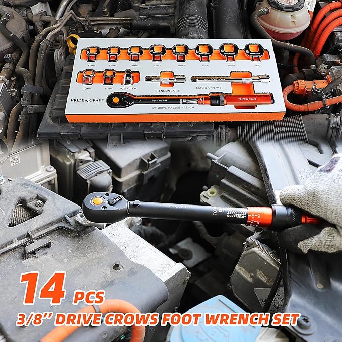 PRIDE&CRAFT 14-Piece Crowfoot Wrench Set, 3/8 Inch Drive Click Torque Wrench with Metric Crowfoot Wrench Heads (10-19mm), 2 Extension Bars, 1/2”F - 3/8”M Universal Joint, One Set for All Purposes