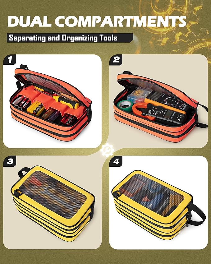 2 Pack Tool Pouch with Dual Compartments, 12” Tool Bag with Detachable Shoulder Strap, Carry Handle and Translucent Window, Orange-red/Yellow