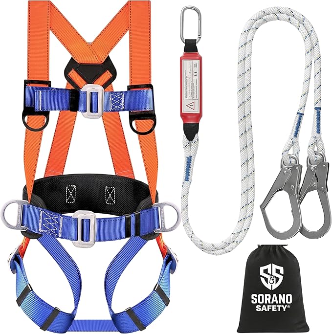 Sorano Safety Harness Fall Protection Kit, Full Body Roofing harnesses with Shock Absorbing Lanyard for Men & Women OSHA/ANSI Compliant, Full Body Chest Harness for Hunting, Climbing & Construction