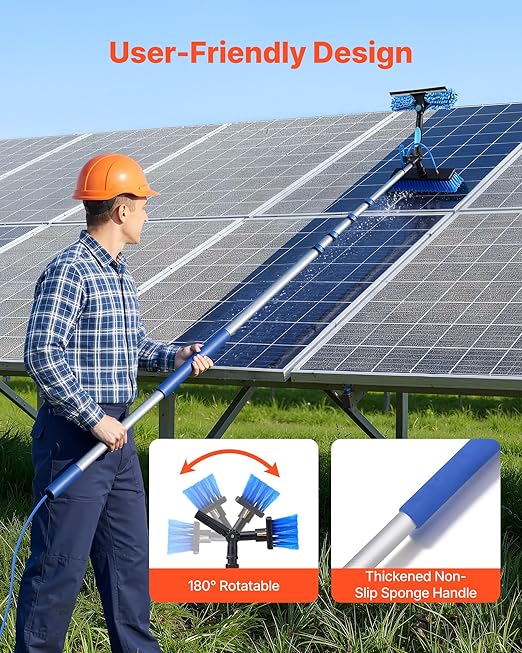 VEVOR Solar Panel Cleaning Kit, 24 ft, Water Fed Pole Kit with Cleaning Brush, Soap Dispenser, Extendable Aluminum Telescopic Pole, 180° Rotatable Brush Head, for Roof Mounted Solar Panels, Windows
