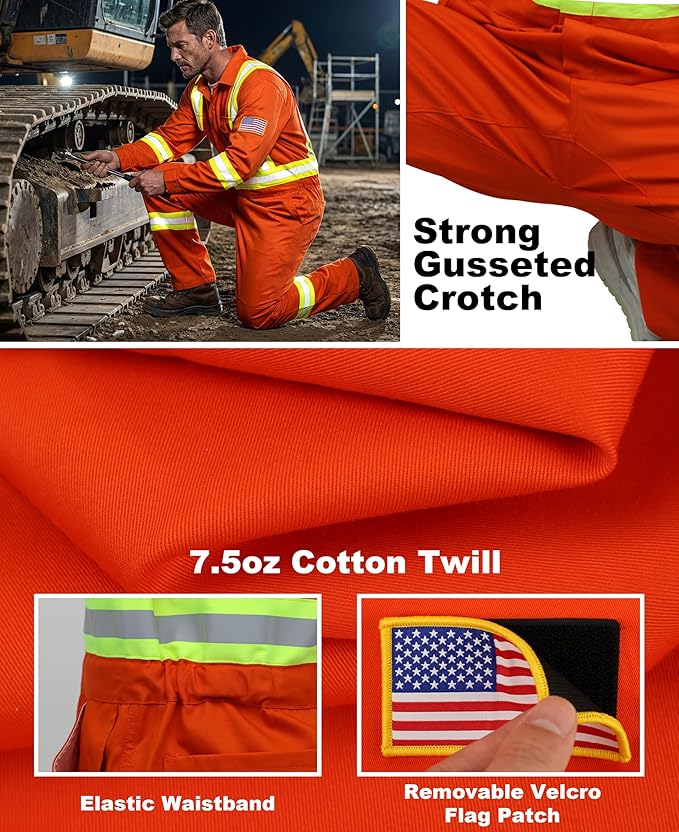 BOCOMAL FR Coveralls Men High Visibility 7.5oz Cotton Twill Flame Resistant Fire Retardant Work Coverall NFPA2112 HRC2