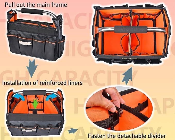 12 Inch Electrician Tool Tote Bag, 1680D Ballistic Polyester 34 Pockets Open Top Foldable Tool Bags with detachable divider, Tool Tote with Stainless Steel Handle & Padded Shoulder Strap