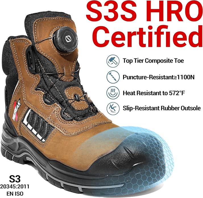Composite Toe Work Boots for Men and Women – Exceeds Steel Toe Protection, Quick Fit System, Kevlar Puncture-Resistant Midsole, S3 HRO Certified, Heat-Resistant, Waterproof, Rubber Slip-Resistant Outsole, Safety Shoes for Industrial & Welding Use