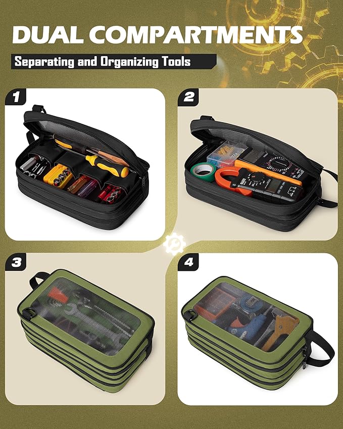 2 Pack Tool Pouch with Dual Compartments, 12” Tool Bag with Detachable Shoulder Strap, Carry Handle and Translucent Window, Black/Green