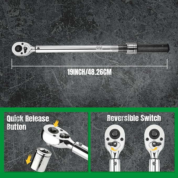 SK TOOLS USA 1/2" Drive Micrometer Torque Wrench, Dual Direction Adjustable Torque Wrench with Dual Range Scales, 20-150 ft.lb./34-197 N.m, ±3% High Precision