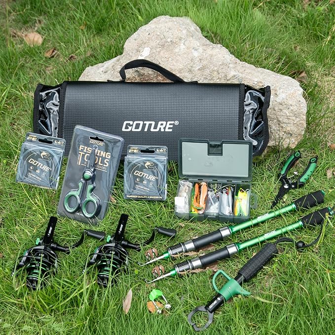 Goture Fishing Rod and Reel Combos-2PCS Telescopic Fishing Pole+2PCS Pre-Loaded Spinning Reels with Carrier Bag,1.8M-2.7M Telescopic Rod Reel Kit for Starter Travel Saltwater Freshwater,Gifts for Men