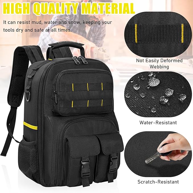 Tool Backpack, Heavy Duty Tool Bag with Padded Shoulder and Removable Tool Organizer, Water-Resistant Work Backpack, for Electrician, Plumber, HVAC, Cable Repairman, Black & Yellow