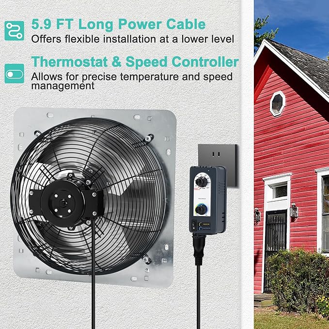 12 Inch Shutter Exhaust Fan with Thermostat and Speed Controller, Wall Mounted Vent Fan for Attic, Greenhouse, Shed, Garage, Chicken Coop, Shop Ventilation, 960 CFM, 1400 SQF Coverage Area
