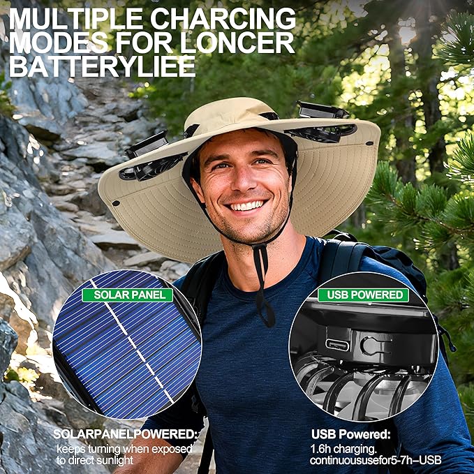 Solar Fan Hat with Detachable Fan, UPF 50+ Wide Brim Sun Hat with Face Mask and Arm Sleeves, 3 Speed USB &Solar Powered Fan