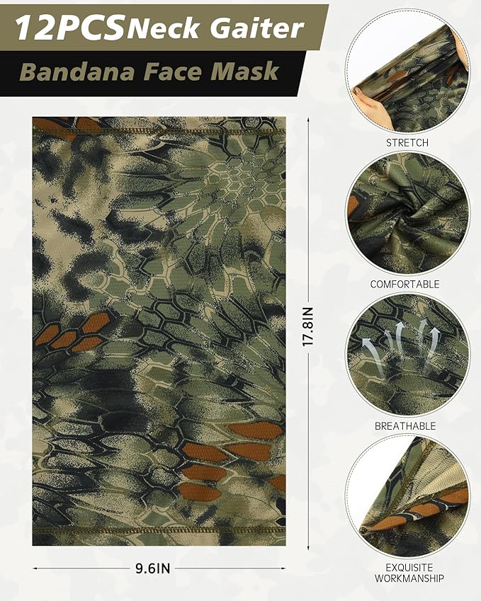 Cuffbow 12 Pack Neck Gaiters Face Mask Bandana Balaclava for Men Women Cooling Neck Gaiter Summer UV Sun Protection Scarf