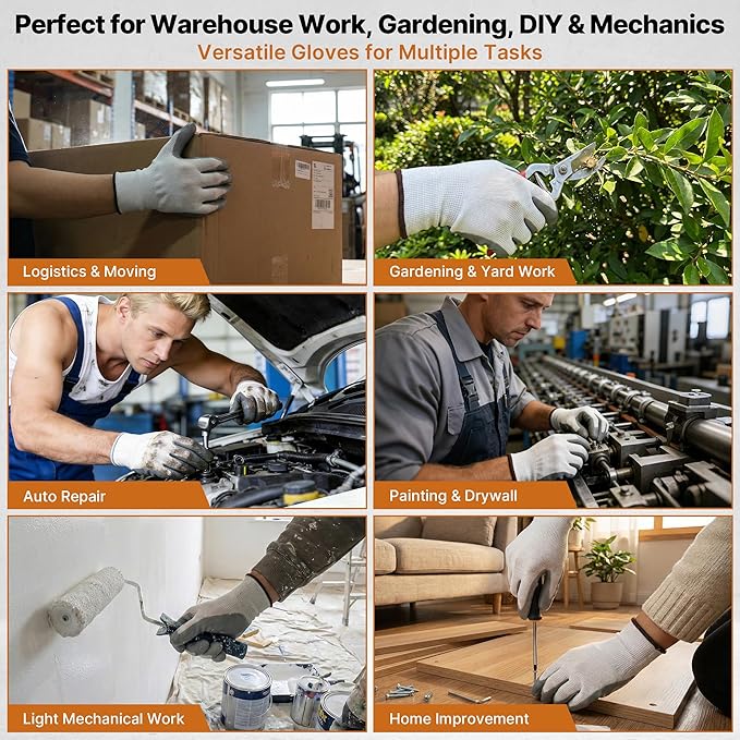 Work Gloves, 3 Pairs - Nitrile Coated Non-Slip Grip Working Gloves for Men & Women, Lightweight Breathable 13-Gauge Nylon Knit for Warehouse, Gardening, Automotive & DIY Work (Large)