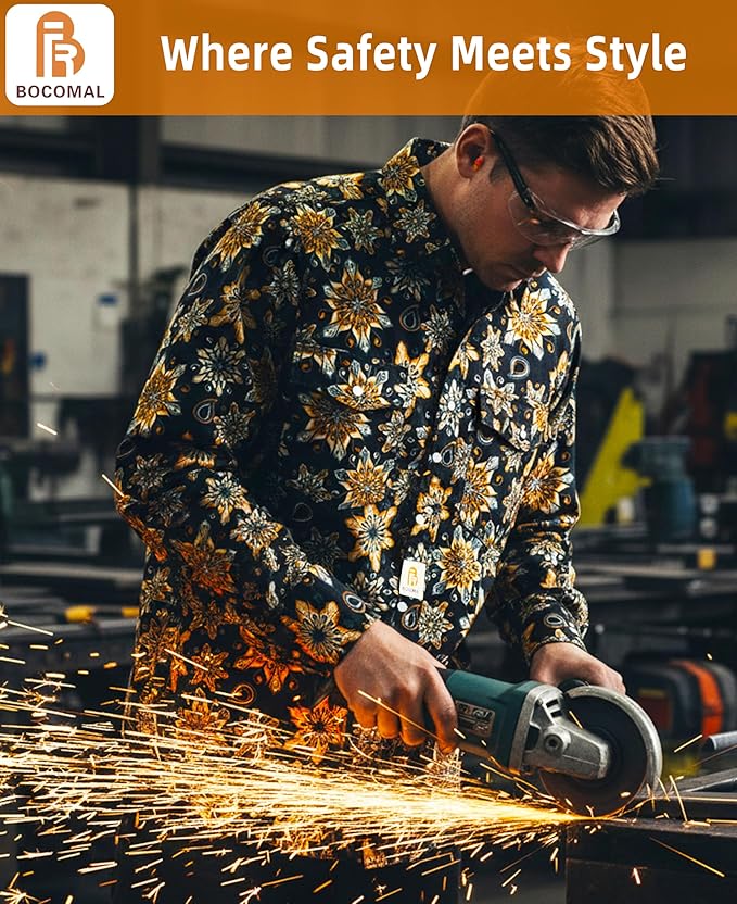 BOCOMAL FR Shirts for Men Printed Plaid Flame Resistant NFPA2112/CAT2 6.5oz Lightweight Fire Retardant Shirt