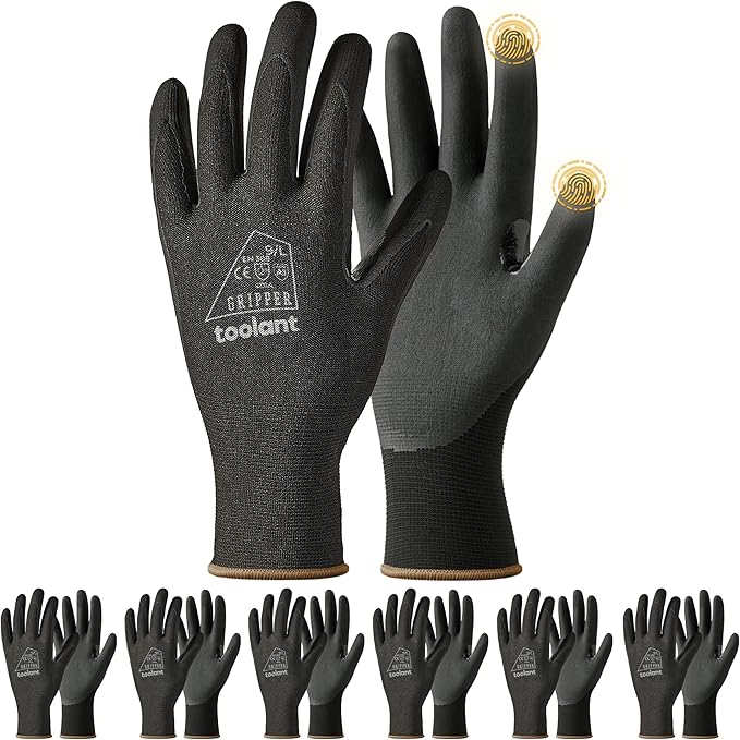 toolant 6/12 Pairs MicroFoam Nitrile Coated Safety Work Gloves, Breathable Nylon Working Gloves Men with Grip,Touchsreen