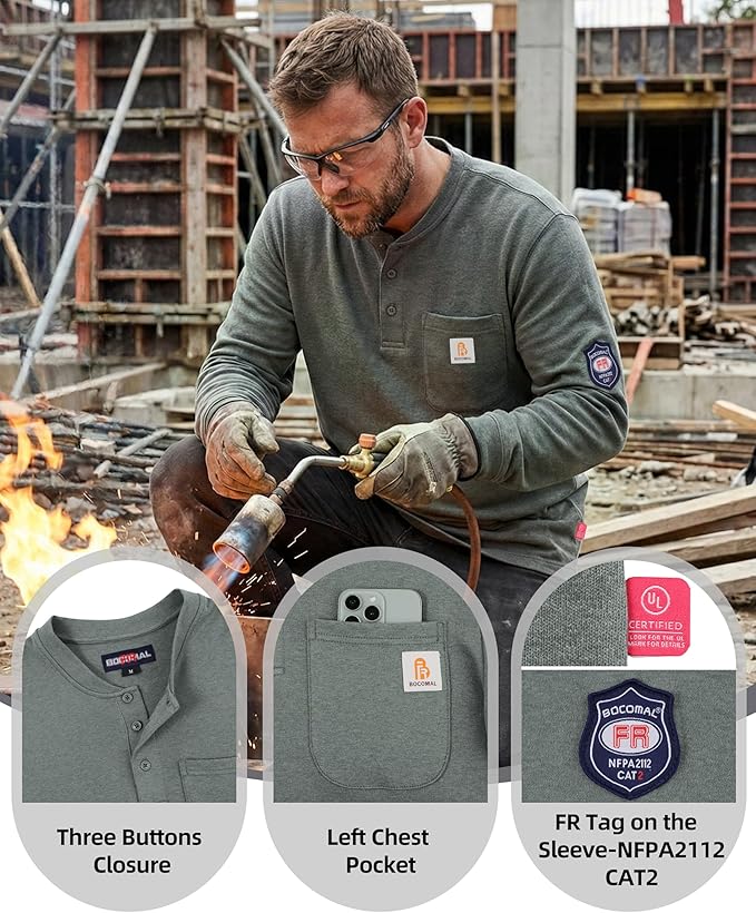 BOCOMAL FR Shirts Henley 7oz Midweight Fire Resistant Clothing NFPA2112 CAT2 Men's Flame Retardant Work Shirt