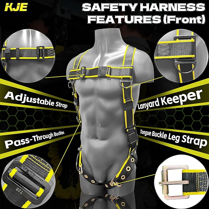 KJE Safety Harness Fall Protection Kit - Construction Roof Full Body Harness w/Detachable 6FT Shock Absorbing Lanyard & Snap Hook, ANSI/OSHA