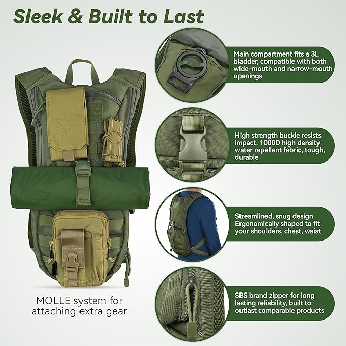 MARCHWAY Tactical Molle Hydration Pack Backpack with 3L TPU Water Bladder, Military Daypack for Cycling, Hiking, Running, Climbing, Hunting, Biking