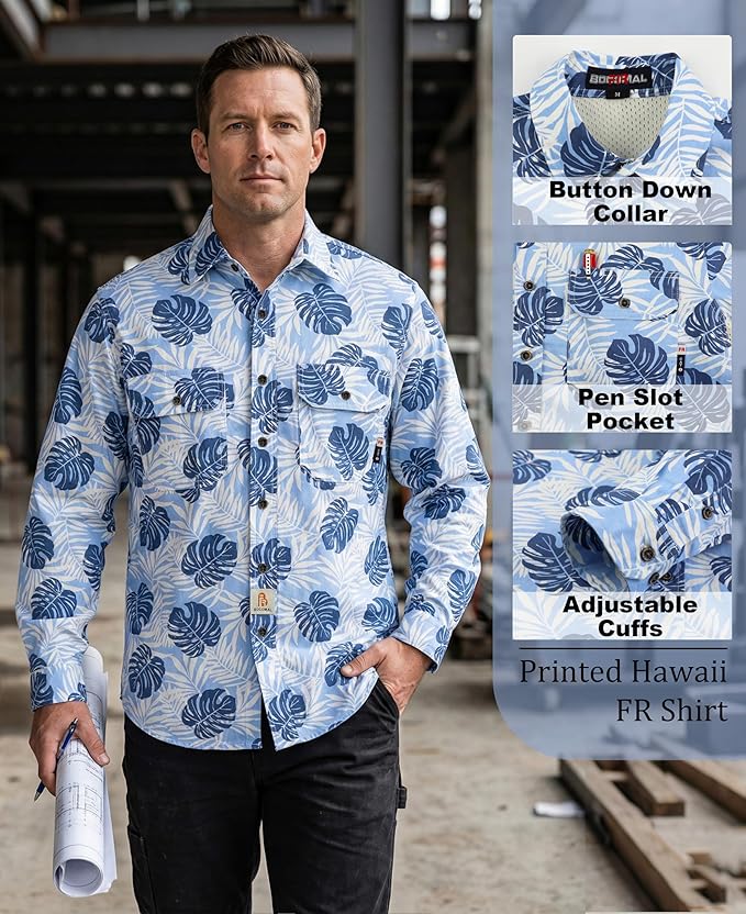 BOCOMAL FR Shirt for Summer Lightweight Vented Mesh Back and Underarm Breathable Flame Resistant Welding Button Down Shirts