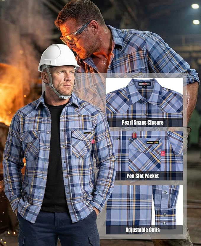 BOCOMAL FR Shirts Flame Resistant 100% C NFPA2112 7.5oz Men's Fire Retardant Welding Shirt
