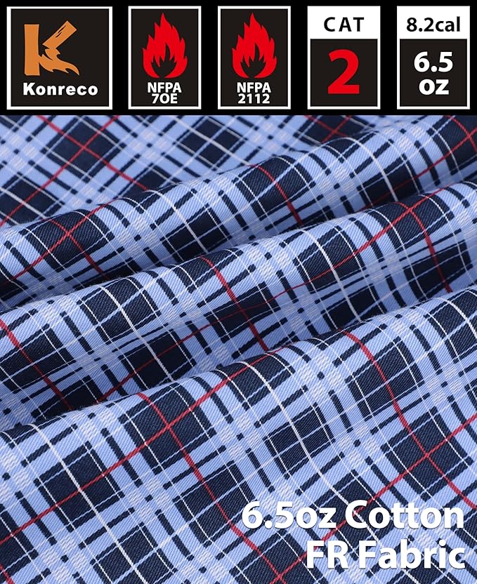 KONRECO FR Shirts for Men 100% Cotton 6.5oz Fire Resistant Lightweight Men's Plaid Work Shirts