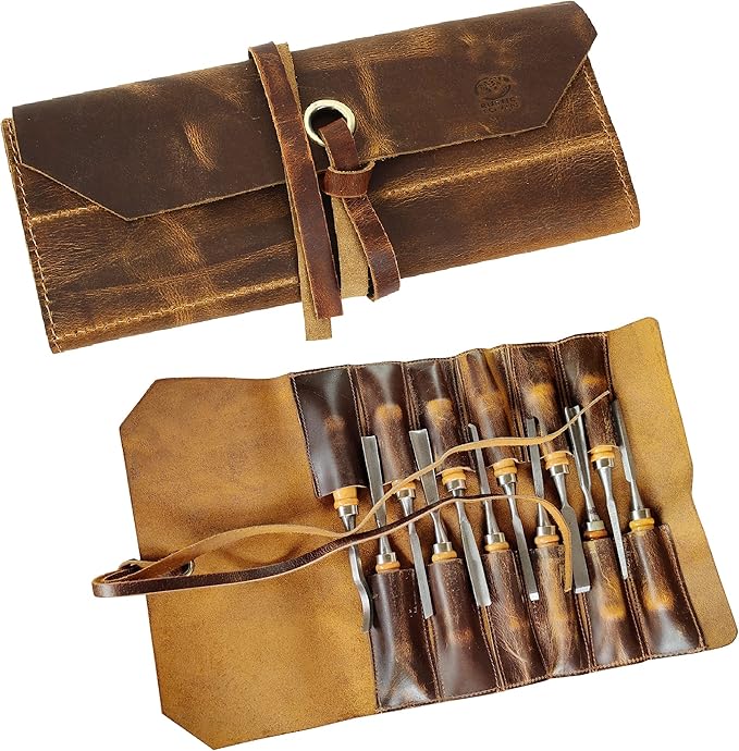 Leather Tool Roll Up Pouch - Leather Tool Wrench Roll/Chisel Bag by Rustic Town