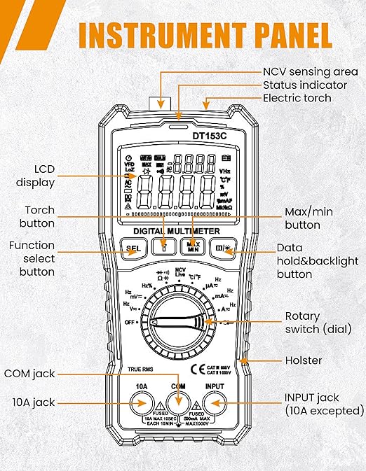 Digital Multimeter Tester Portable Multimeter with Backlight Multi Testers with Electric Torch Function Smart Multi Meter for Electrical Applications Measures Voltage and More (Model DT153C)