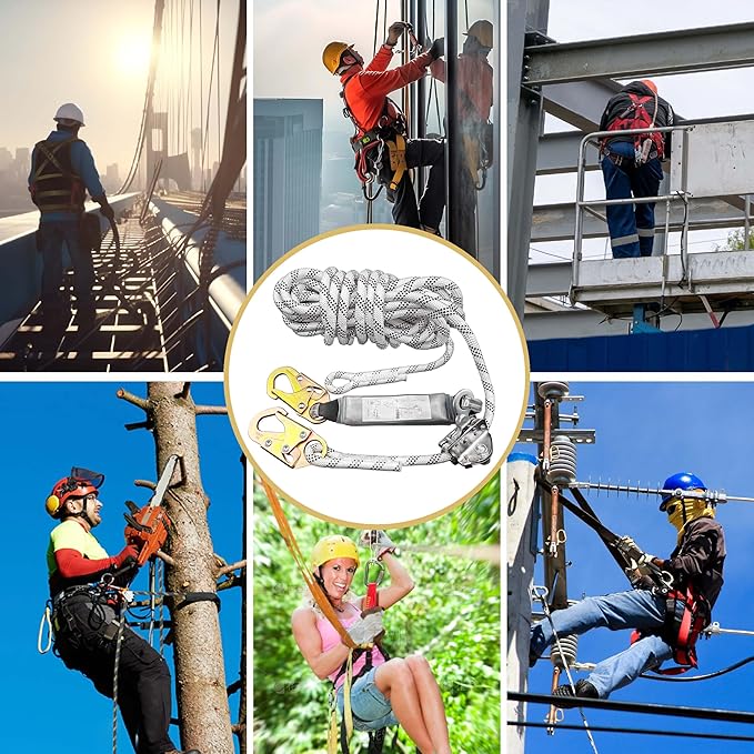 Rope Harness Safety Lanyard, 50ft Vertical Roofing Rope with Grab, Fall Protection Lanyard Tree Climbing Line Kit