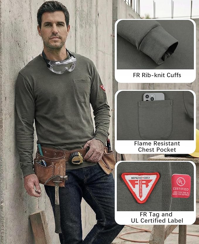 TICOMELA FR Shirts for Men Flame Resistant Shirt NFPA2112/CAT2 7oz Fire Retardant Men's Long Sleeve Henley Shirts