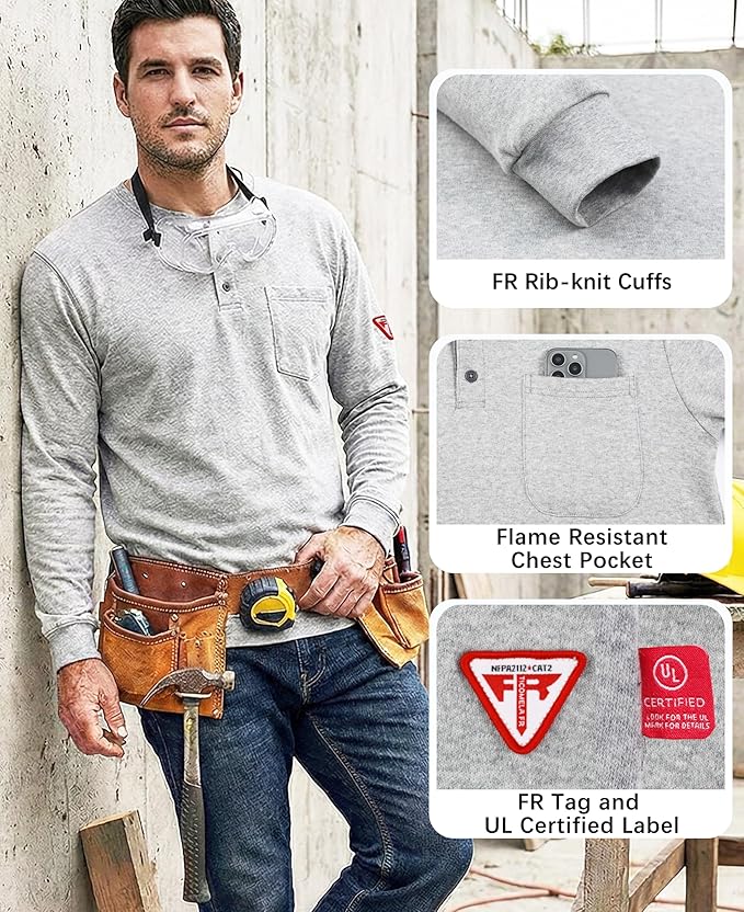 TICOMELA FR Shirts for Men Flame Resistant Shirt NFPA2112/CAT2 7oz Fire Retardant Men's Long Sleeve Henley Shirts