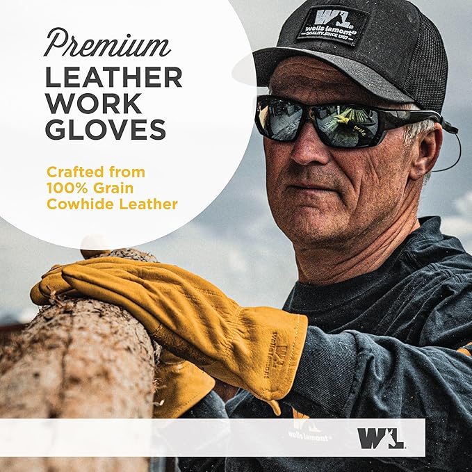 Wells Lamont Leather Work Gloves for Men – Grain Cowhide, Reinforced Palm – Ideal for Construction, Farming, Ranching – Ergonomic Fit, Keystone Thumb, Elasticized Wrist – Saddletan, Small (1129S)