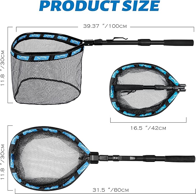 PLUSINNO Fishing Net Fish Floating Landing Net, Kayak Nets with Fixed Foldable Telescopic Pole Handle, Bass Trout Fishing Nets with Nylon Mesh for Pond Lake River, Fishing Gear Gifts for Men Anglers