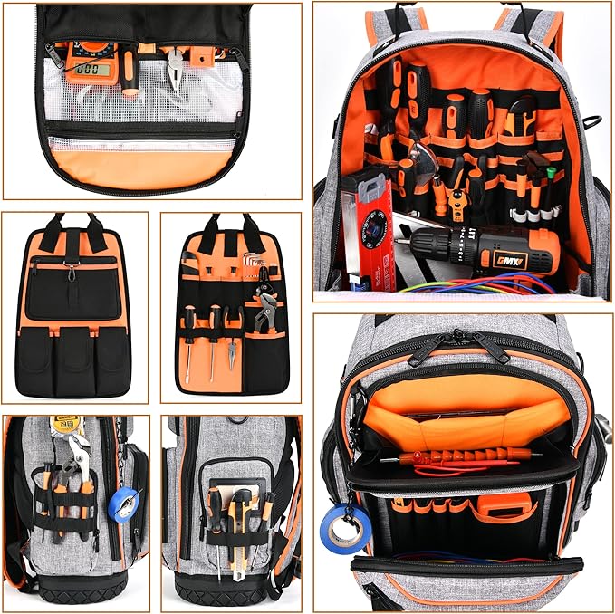 Tool Bag Backpack, 75 Pockets & Loops Heavy Duty Tools Organizer Bags/HVAC Tool Carrier for Eelectrician/Construction Work with Molded Base and Combination Lock, Large, Grey