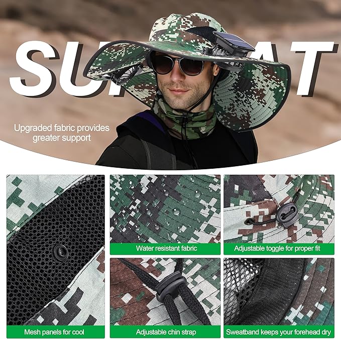 Solar Fan Hat with Detachable Fan, UPF 50+ Wide Brim Sun Hat with Face Mask and Arm Sleeves, 3 Speed USB &Solar Powered Fan