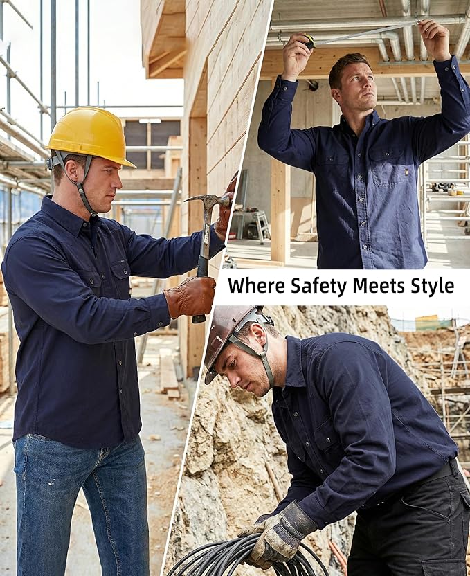 BOCOMAL FR Shirts Button Down Dura-Light 6.5 oz Soft Heather Series Utility Chest Pockets Flame Resistant Work Shirt CAT2