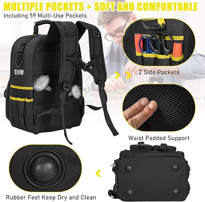 Tool Backpack, Heavy Duty Tool Bag with Padded Shoulder and Removable Tool Organizer, Water-Resistant Work Backpack, for Electrician, Plumber, HVAC, Cable Repairman, Black & Yellow