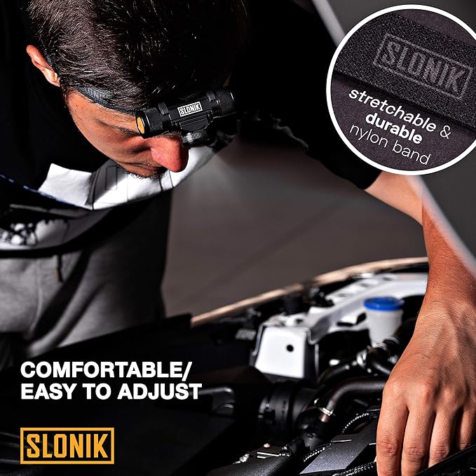 SLONIK Rechargeable Headlamp Flashlight - 500 Lumens Ultra Bright Headlight - IPX4 Waterproof Head Lamp Light for Outdoor Running, Hiking Gear, Hard Hat Helmet - Camping Accessories for Adults, Black