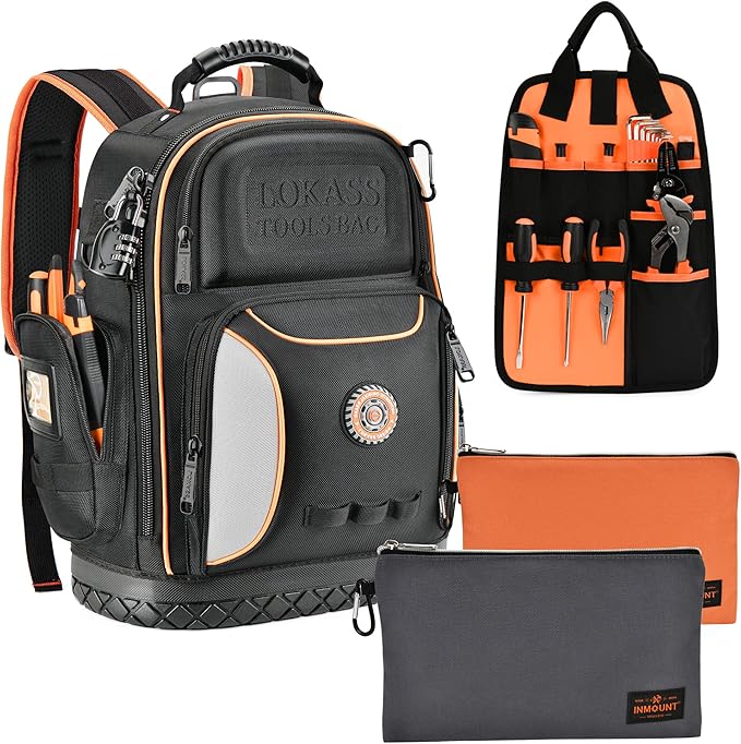 Tool Bag Backpack with 2 Canvas Tool Pouch Tool Kit, 75 Pockets & Loops Heavy Duty Tools Organizer/HVAC Tool Carrier for Eelectrician/Construction Work with Molded Base and Combination Lock, Black