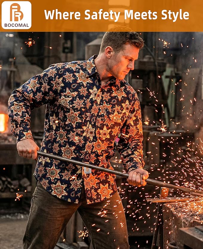 BOCOMAL FR Shirts for Men Printed Plaid Flame Resistant NFPA2112/CAT2 6.5oz Lightweight Fire Retardant Shirt