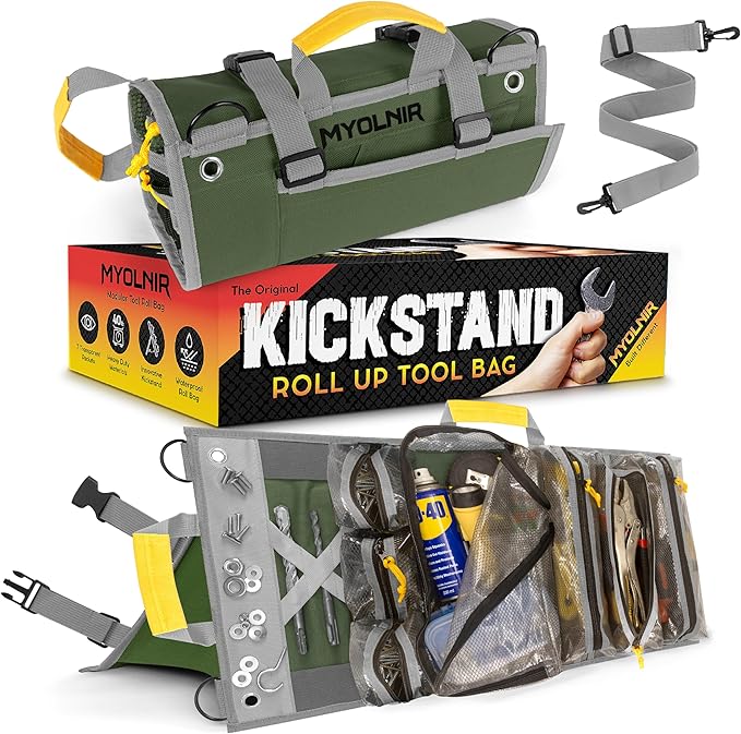 Roll Up Tool Bag Organizer With Kickstand - Compact Heavy Duty Motorcycle Tool Roll Bag Organizer - Portable Rollup Toolbag With Magnetic Panels & Transparent Pockets - Mechanic & Electrician