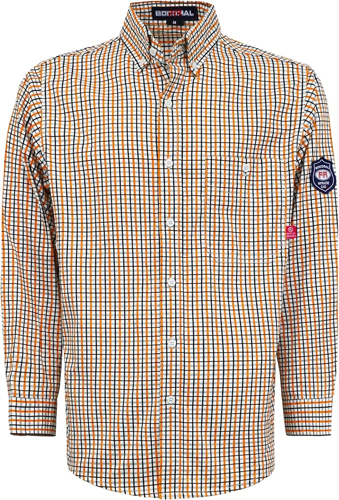 BOCOMAL FR Shirts for Men Printed Plaid Flame Resistant Clothing 6.5oz Cotton Button Up Welding Shirts NFPA2112 CAT2