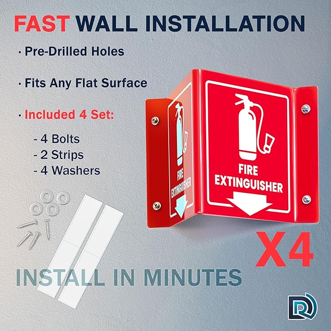 4 PC Fire Extinguisher Signs, 6 Inch Fire Extinguisher Two-Sided Acrylic Projecting V-Sign with Down Arrow, Including Screws