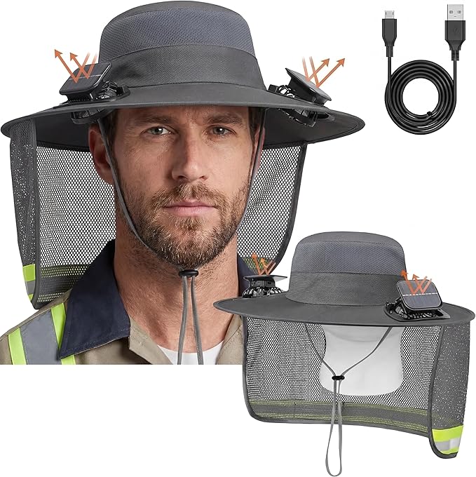 2 Pcs Sun Hat with Fan Solar&USB Powered for Men Women UPF 50+ UV Protection Wide Brim Safety Sun Hat for Out Work