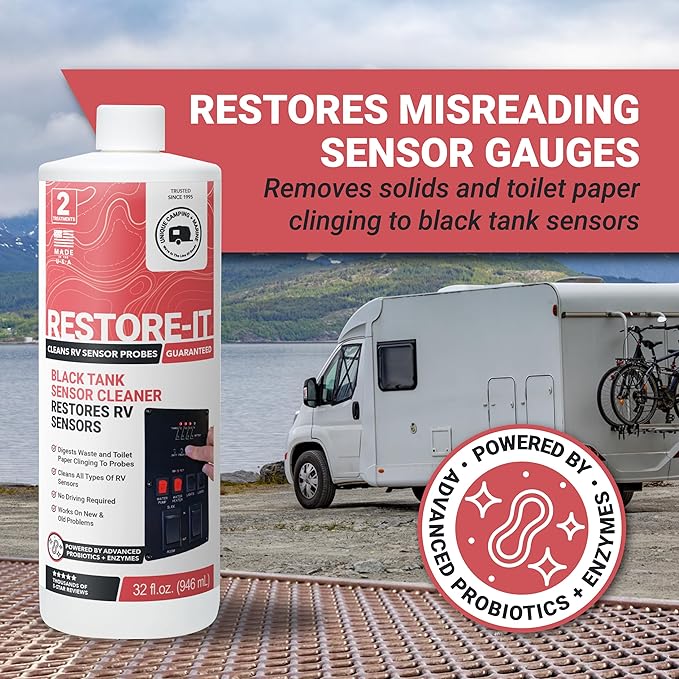 Unique Restore-It RV Sensor Cleaner Liquid - Cleans and Restores Misreading Sensor Probes by Removing Stuck-On Waste in Black Tanks - 2 Treatments Per Bottle (32 oz)