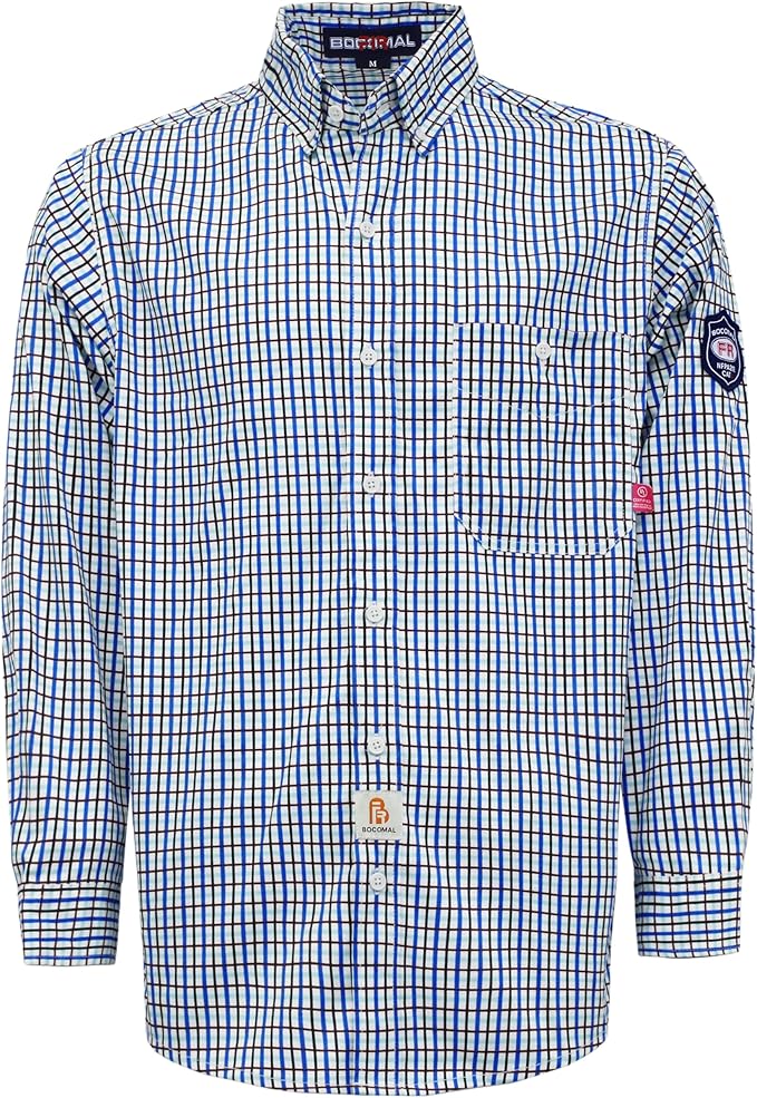 BOCOMAL FR Shirts for Men Printed Plaid Flame Resistant Clothing 6.5oz Cotton Button Up Welding Shirts NFPA2112 CAT2