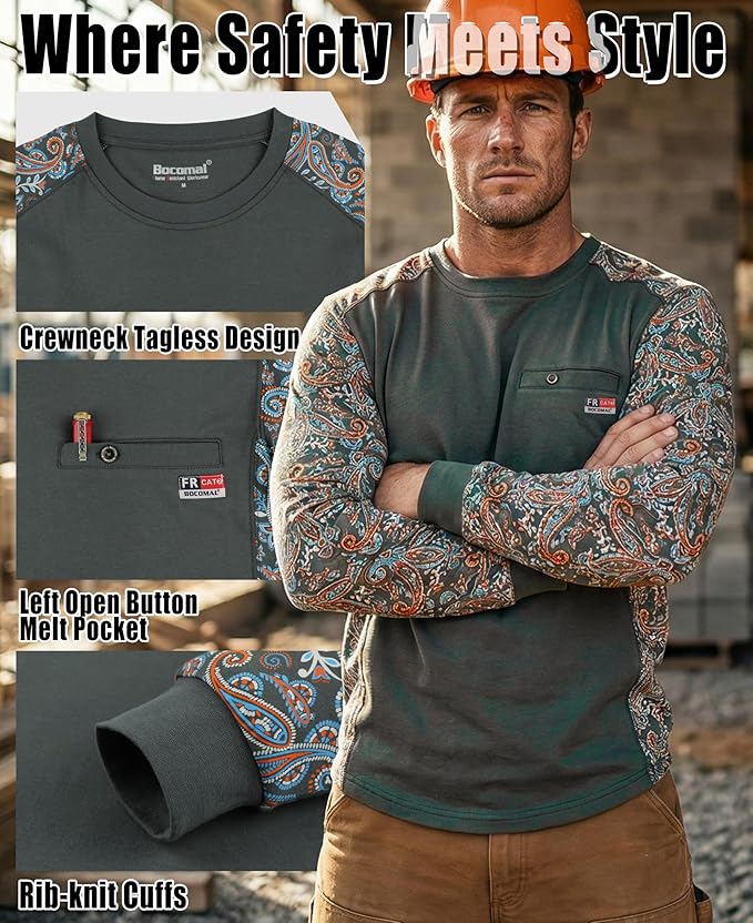 BOCOMAL FR Shirts Crewneck 5.5oz Lightweight Cotton Paisley Camo Two-Tone Flame Resistant Long Sleeve CAT2 Work Shirt