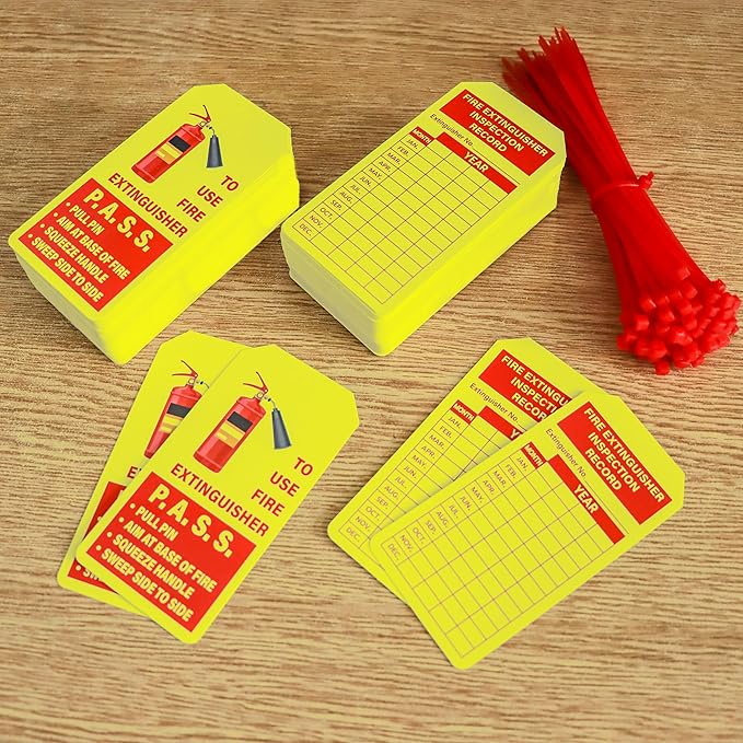 160 Sets Fire Extinguisher Tags with Adjustable Wire Ties Monthly Inspection Record Tags for Indoor Outdoor 4.2 x 2.1 Inch Yellow