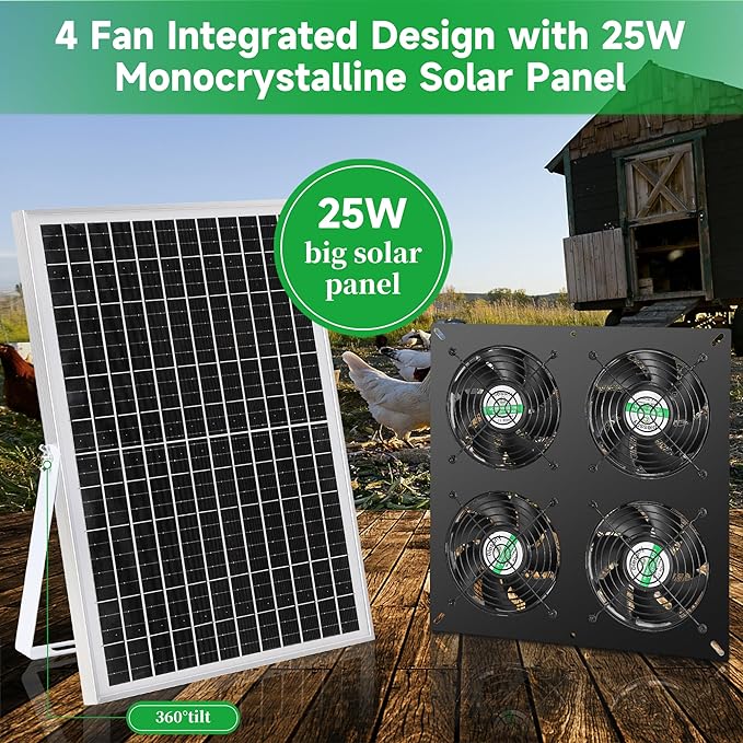 25W Solar 4 Fan Kit for Outdoor Greenhouse, Solar Powered Vent Exhaust Ventilation Fan for Chicken Coop, Shed Air Circulation, 14.7 Ft Long Cord with IP65 Weatherproof Rate